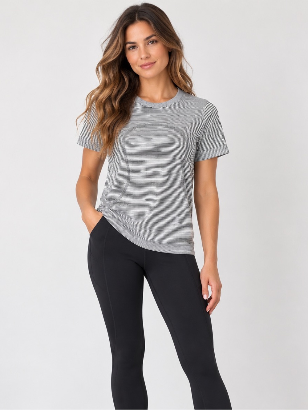 Lululemon Swiftly Relaxed Short Sleeve Shirt Cream Black Stripe Approx Size 8